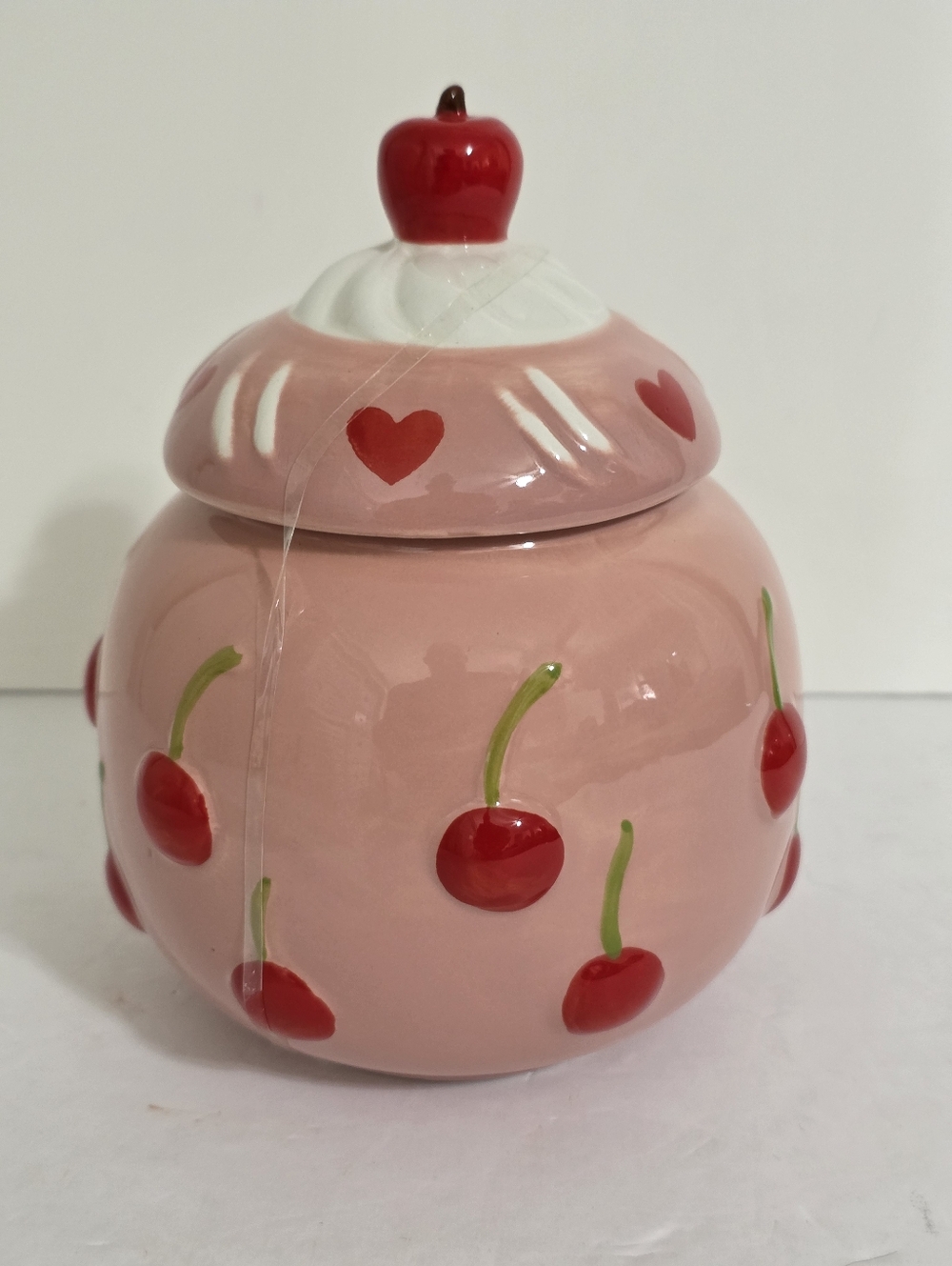 Pink Cherry Ceramic Cookie Jar with Red Accents